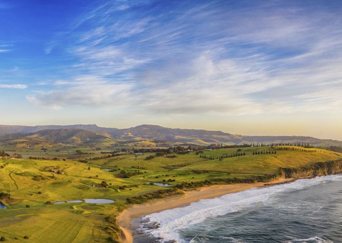Gerringong Golf Club, Gerringong Scenic coastal views across Walkers Beach and Gerringong Golf Club at Gerringong in Kiama Area, South Coast
