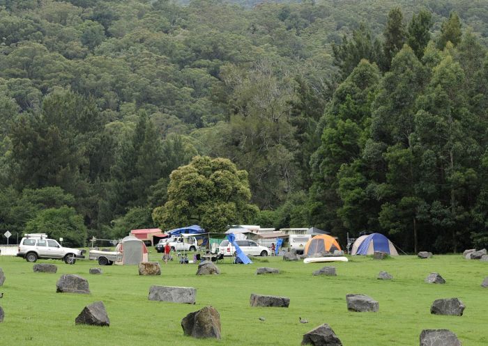 View of campsite tents at Bendeela Camping and Picnic Area, Kangaroo Valley