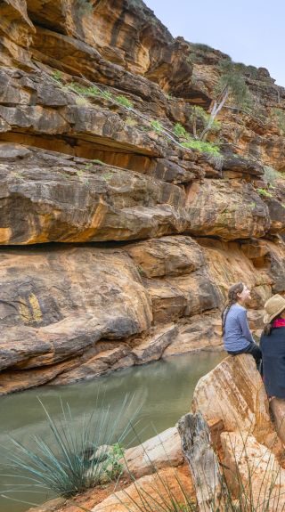 Mother and daughter enjoying the views at the waterhole along the Mutawintji Gorge Walk, Mutawintji National Park