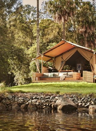 Koala Glamping Tent at dusk, Myall River Camp