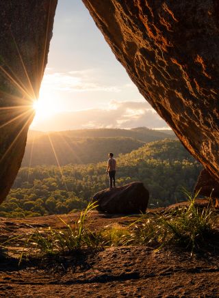 Man enjoying a scenic walk, Dandahra Crags walking track, Gibraltar Range National Park, Gibraltar Range